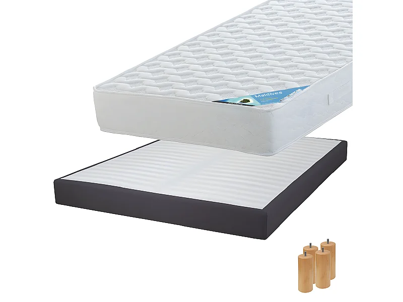 MALDIVES - Pack Matelas 160x200 + Sommier Tapissier Démontable 2x20 Lattes Anthracites + Pieds Bois 15cm