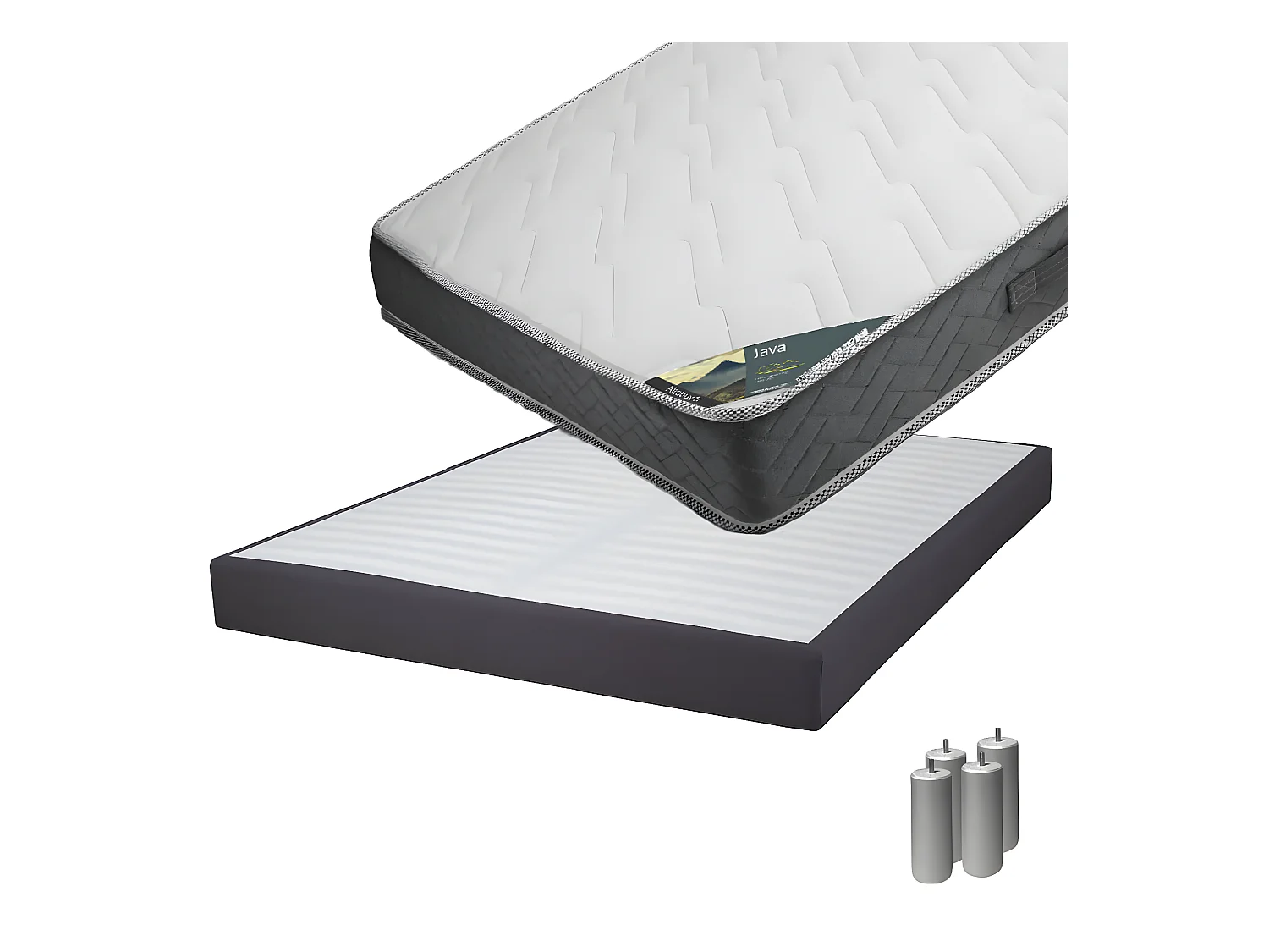 JAVA - Pack Matelas 140x190 + Sommier Tapissier Démontable 2x20 Lattes Anthracites + Pieds Argent 15cm