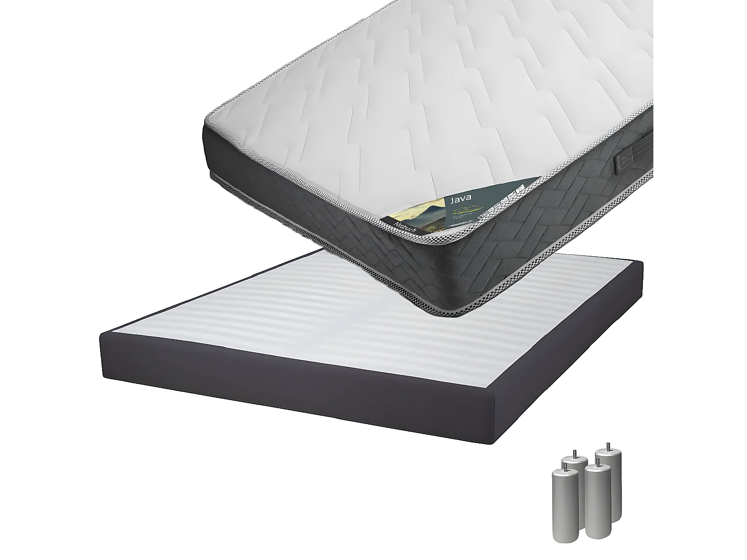 JAVA - Pack Matelas 140x190 + Sommier Tapissier Démontable 2x20 Lattes Anthracites + Pieds Argent 15cm
