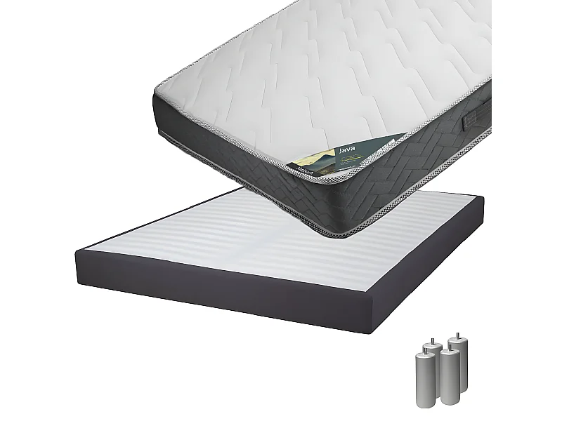 JAVA - Pack Matelas 140x190 + Sommier Tapissier Démontable 2x20 Lattes Anthracites + Pieds Argent 15cm