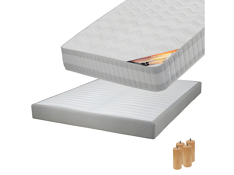 TAHITI - Pack Matelas 160x200 + Sommier Tapissier Démontable 2x20 Lattes Lin + Pieds Bois 15cm