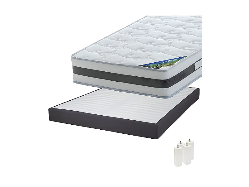 SEYCHELLES - Pack Matelas 160x200 + Sommier Tapissier Démontable 2x20 Lattes Anthracites + Pieds Blancs 15cm