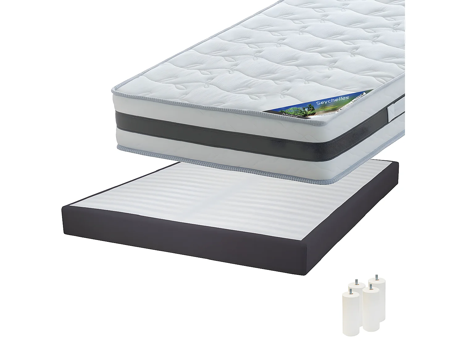 SEYCHELLES - Pack Matelas 160x200 + Sommier Tapissier Démontable 2x20 Lattes Anthracites + Pieds Blancs 15cm