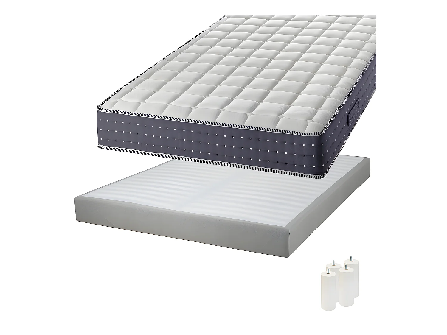 SILHOUETTE - Pack Matelas 140x190 + Sommier Tapissier Démontable 2x20 Lattes Lin + Pieds Blancs 15cm