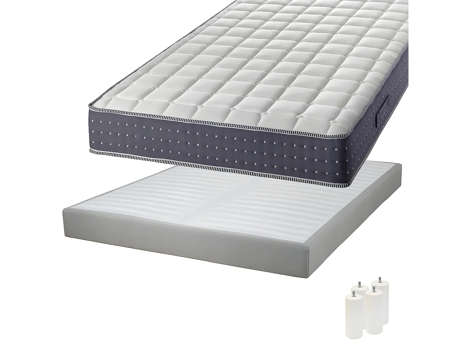 SILHOUETTE - Pack Matelas 140x190 + Sommier Tapissier Démontable 2x20 Lattes Lin + Pieds Blancs 15cm