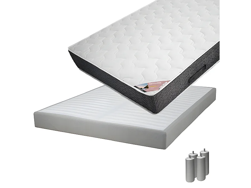 BERMUDES - Pack Matelas 140x190 + Sommier Tapissier Démontable 2x20 Lattes Lin + Pieds Argent 15cm