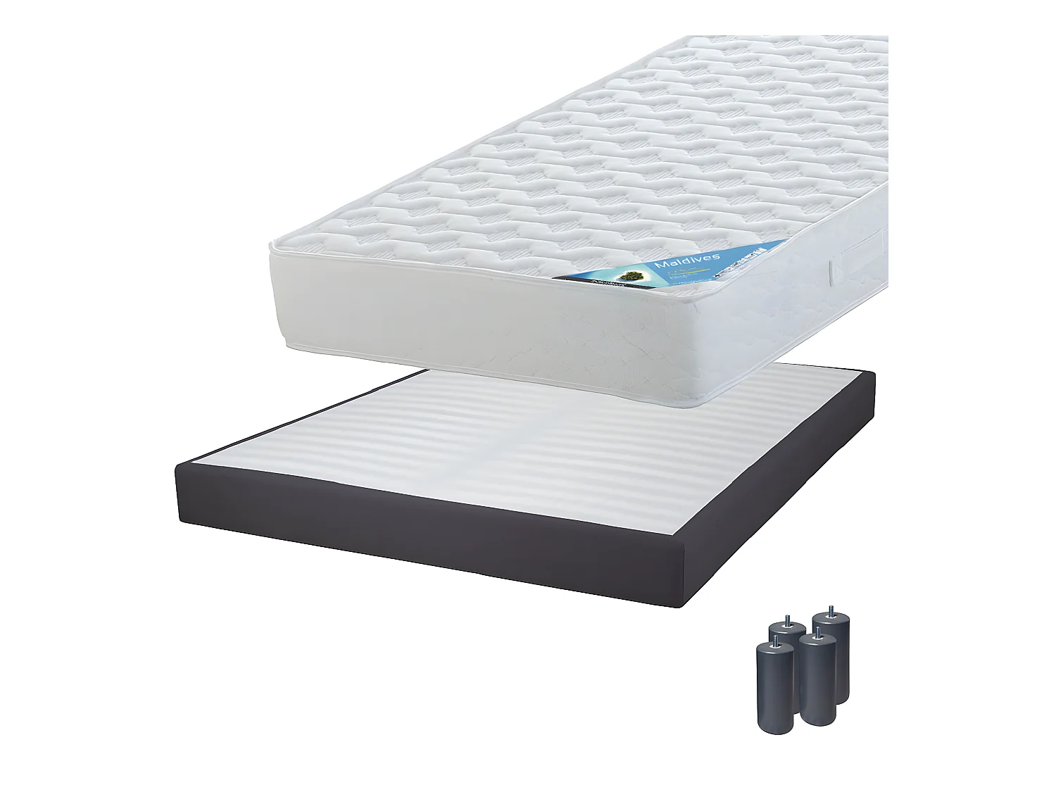 MALDIVES - Pack Matelas 140x190 + Sommier Tapissier Démontable 2x20 Lattes Anthracites + Pieds Anthracites 15cm
