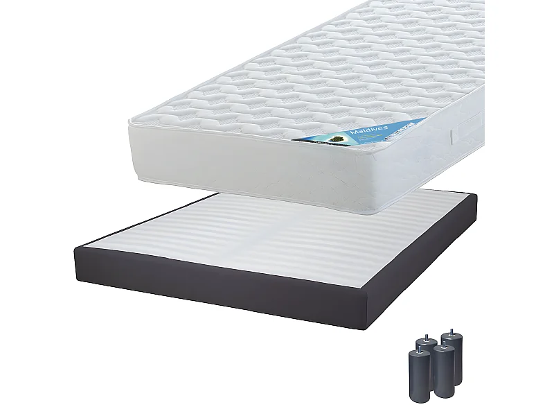 MALDIVES - Pack Matelas 140x190 + Sommier Tapissier Démontable 2x20 Lattes Anthracites + Pieds Anthracites 15cm