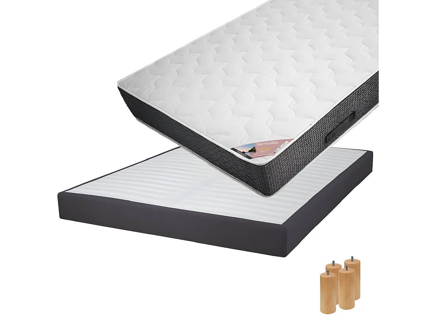 BERMUDES - Pack Matelas 160x200 + Sommier Tapissier Démontable 2x20 Lattes Anthracites + Pieds Bois 15cm