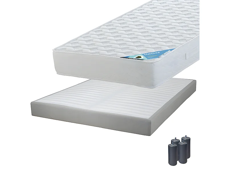 MALDIVES - Pack Matelas 140x190 + Sommier Tapissier Démontable 2x20 Lattes Lin + Pieds Anthracites 15cm