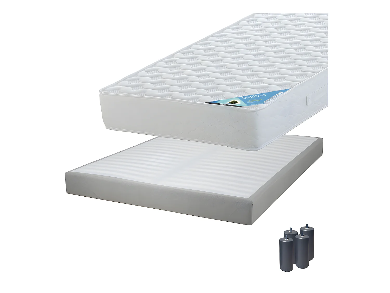 MALDIVES - Pack Matelas 140x190 + Sommier Tapissier Démontable 2x20 Lattes Lin + Pieds Anthracites 15cm