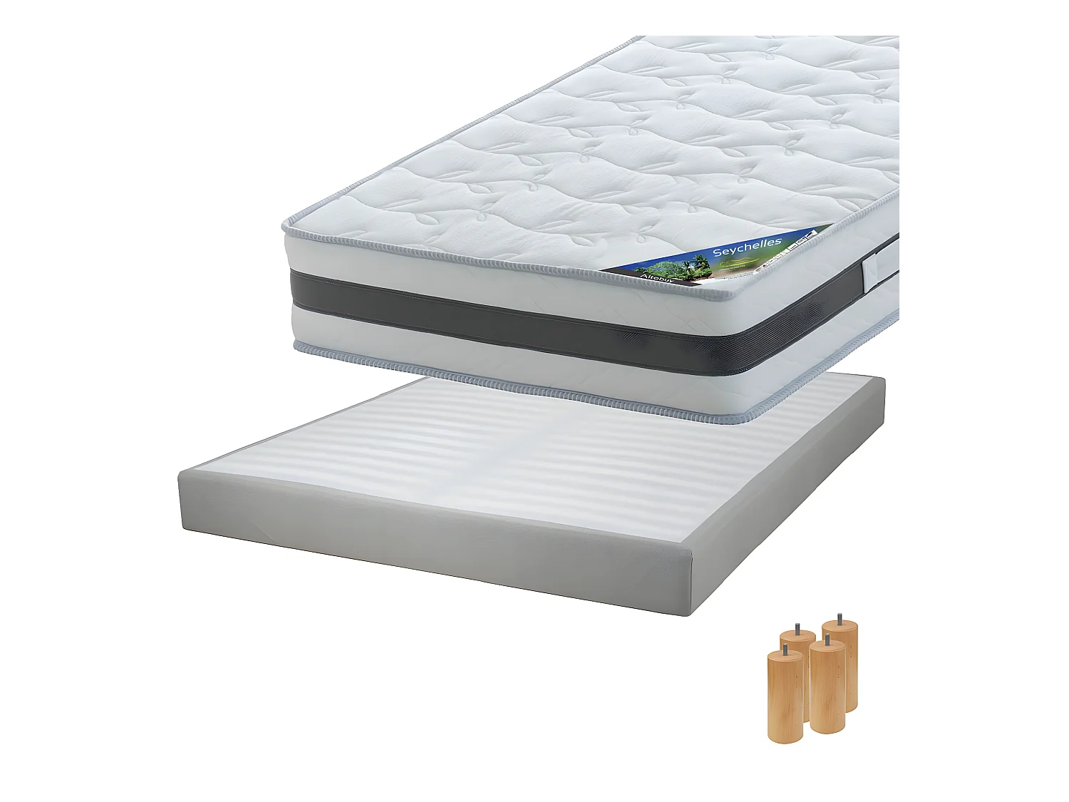 SEYCHELLES - Pack Matelas 140x190 + Sommier Tapissier Démontable 2x20 Lattes Lin + Pieds Bois 15cm