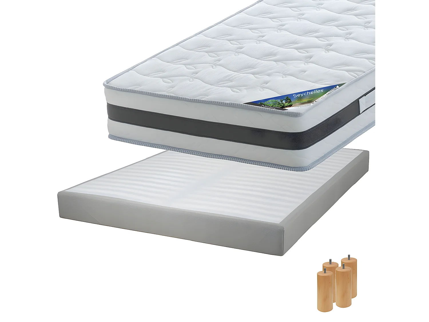 SEYCHELLES - Pack Matelas 140x190 + Sommier Tapissier Démontable 2x20 Lattes Lin + Pieds Bois 15cm