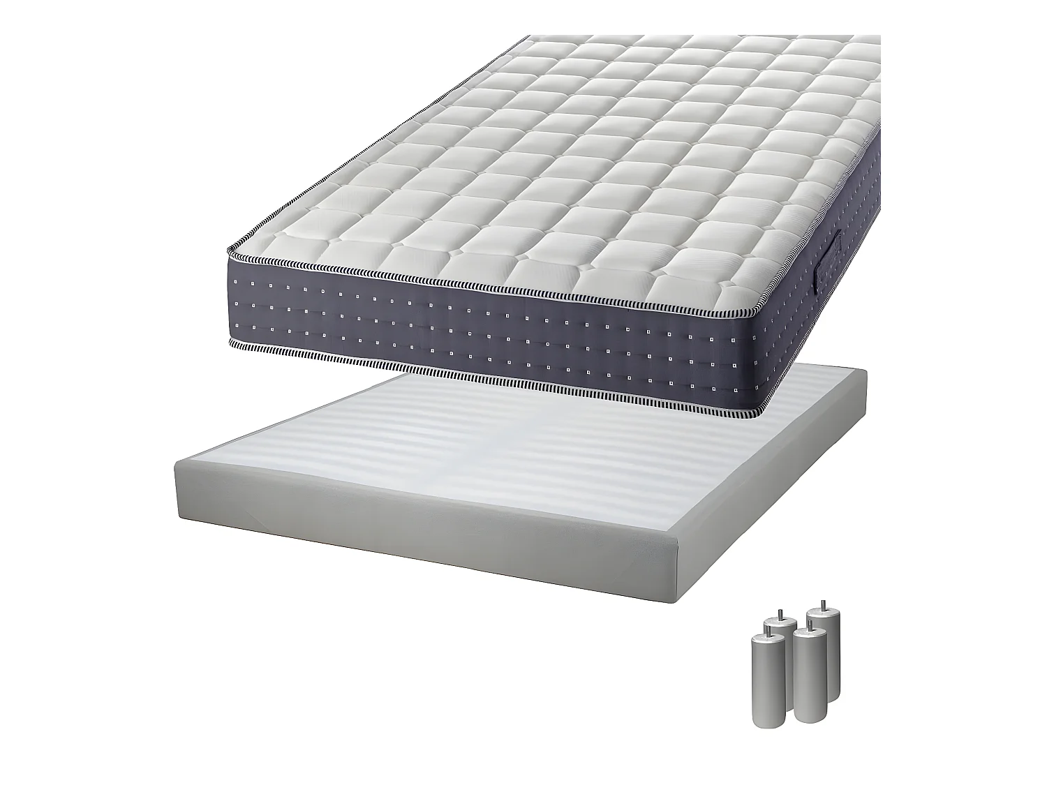 SILHOUETTE - Pack Matelas 160x200 + Sommier Tapissier Démontable 2x20 Lattes Lin + Pieds Argent 15cm