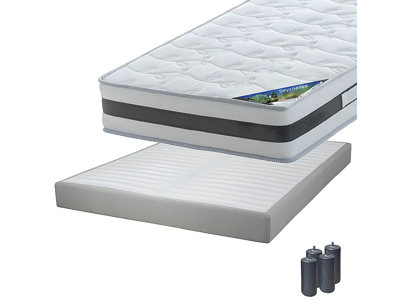 SEYCHELLES - Pack Matelas 140x190 + Sommier Tapissier Démontable 2x20 Lattes Lin + Pieds Anthracites 15cm