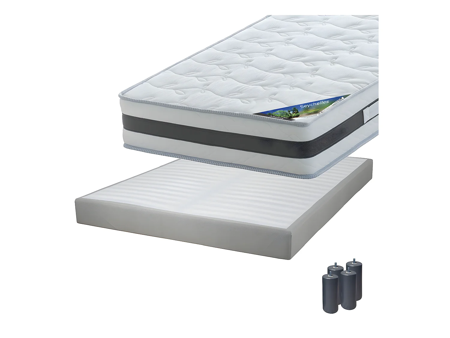 SEYCHELLES - Pack Matelas 140x190 + Sommier Tapissier Démontable 2x20 Lattes Lin + Pieds Anthracites 15cm