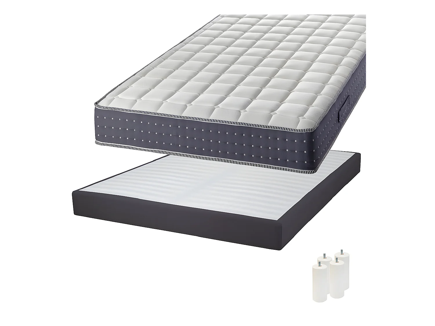 SILHOUETTE - Pack Matelas 160x200 + Sommier Tapissier Démontable 2x20 Lattes Anthracites + Pieds Blancs 15cm