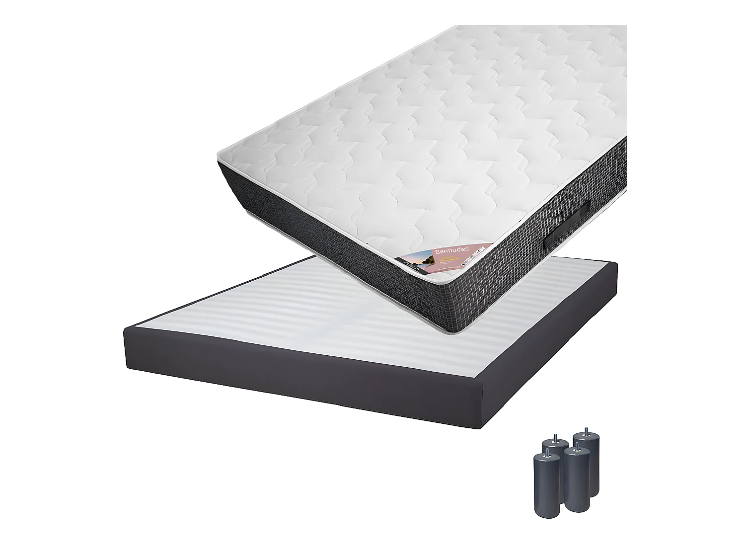 BERMUDES - Pack Matelas 160x200 + Sommier Tapissier Démontable 2x20 Lattes Anthracites + Pieds Anthracites 15cm