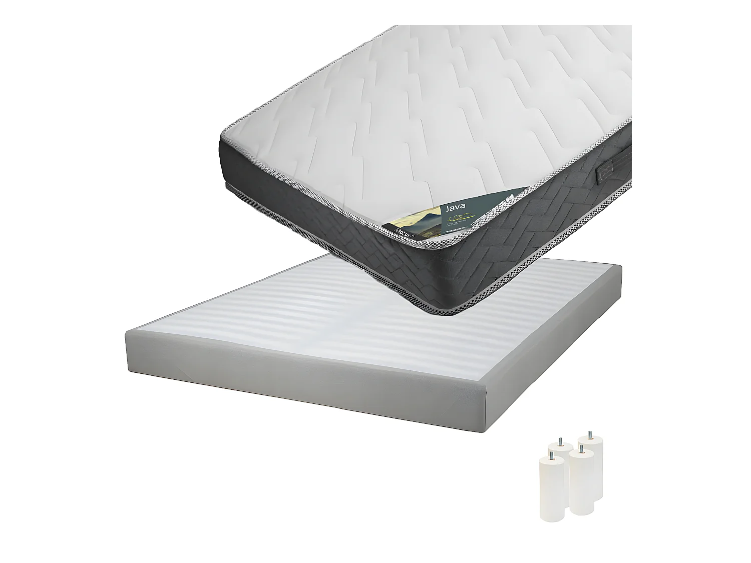 JAVA - Pack Matelas 140x190 + Sommier Tapissier Démontable 2x20 Lattes Lin + Pieds Blancs 15cm