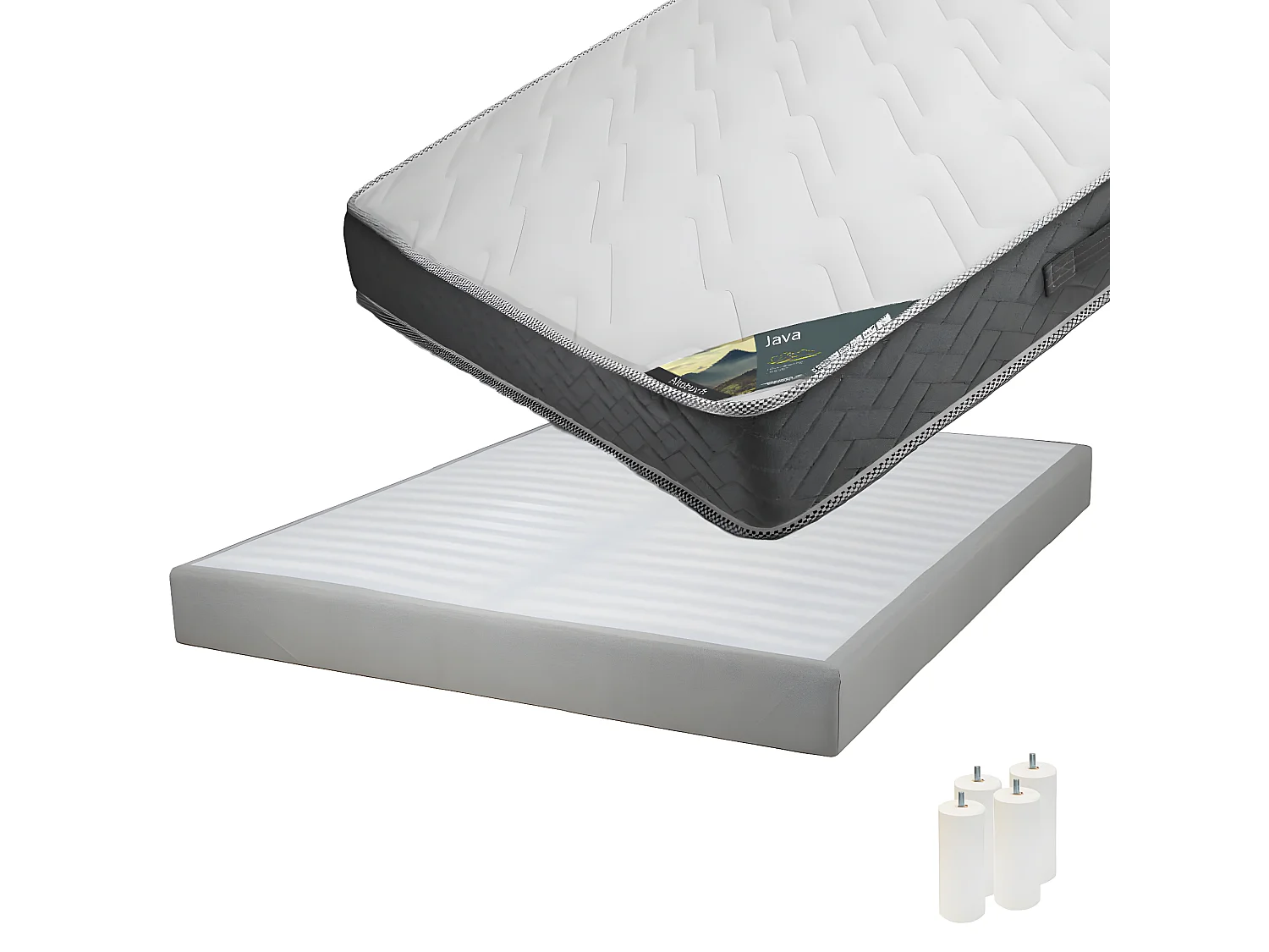 JAVA - Pack Matelas 140x190 + Sommier Tapissier Démontable 2x20 Lattes Lin + Pieds Blancs 15cm