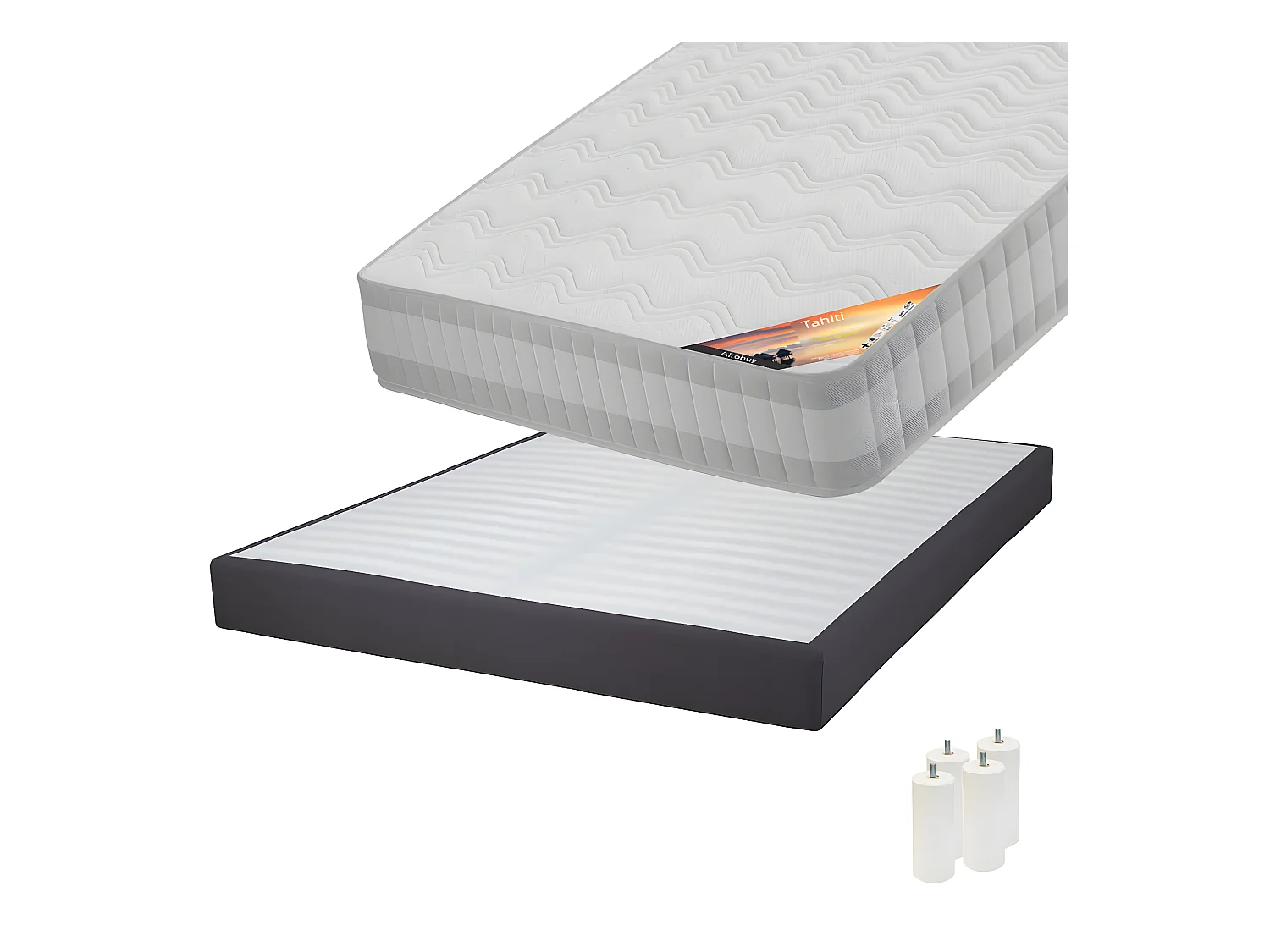 TAHITI - Pack Matelas 140x190 + Sommier Tapissier Démontable 2x20 Lattes Anthracites + Pieds Blancs 15cm