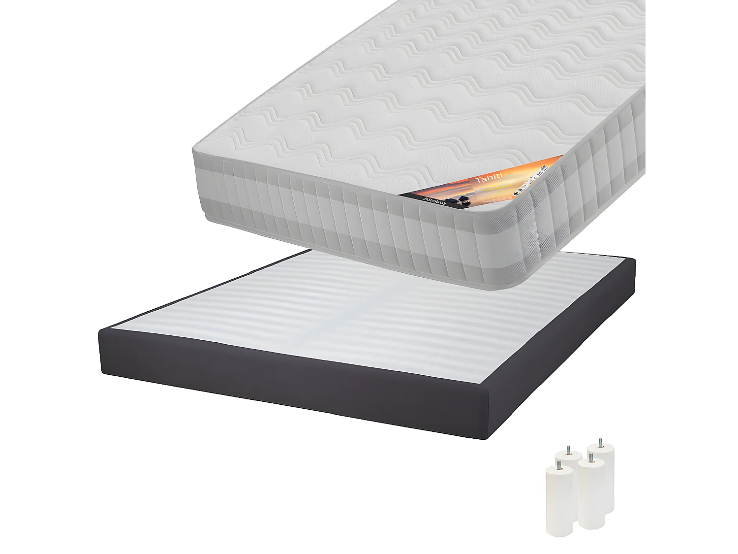 TAHITI - Pack Matelas 140x190 + Sommier Tapissier Démontable 2x20 Lattes Anthracites + Pieds Blancs 15cm