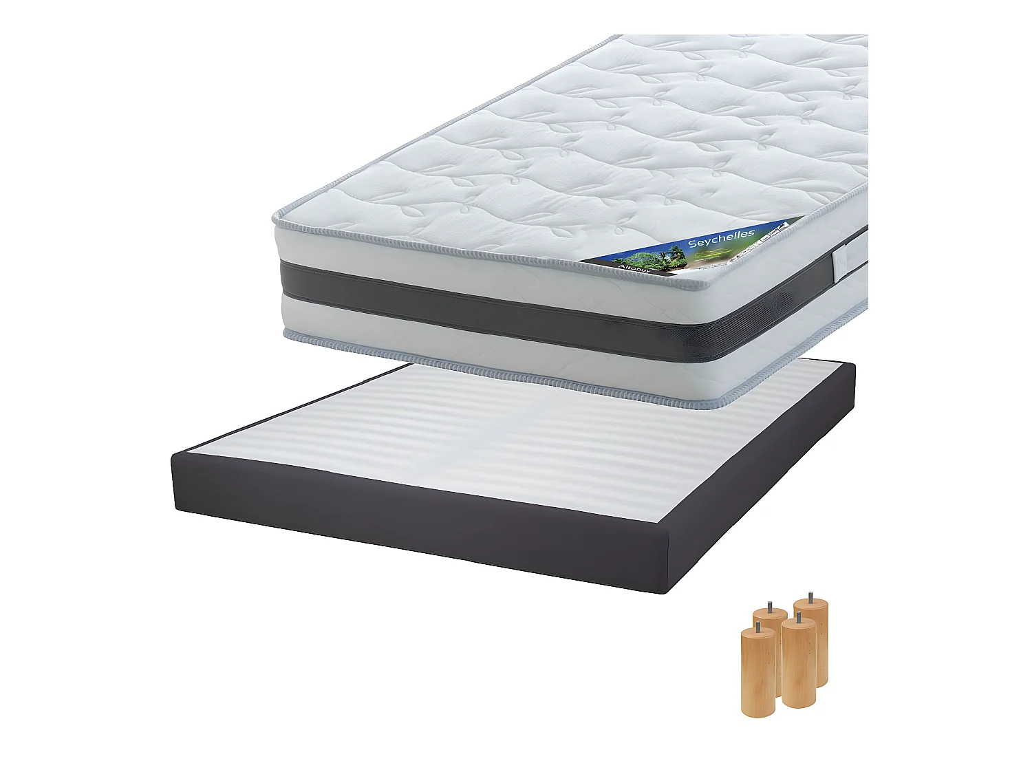 SEYCHELLES - Pack Matelas 160x200 + Sommier Tapissier Démontable 2x20 Lattes Anthracites + Pieds Bois 15cm
