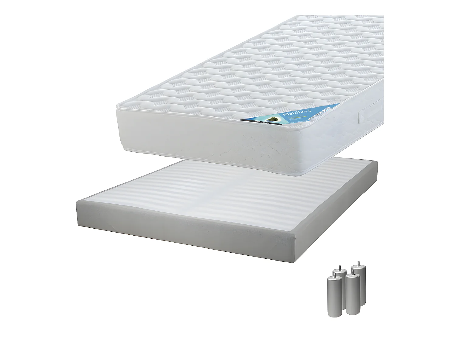 MALDIVES - Pack Matelas 140x190 + Sommier Tapissier Démontable 2x20 Lattes Lin + Pieds Argent 15cm