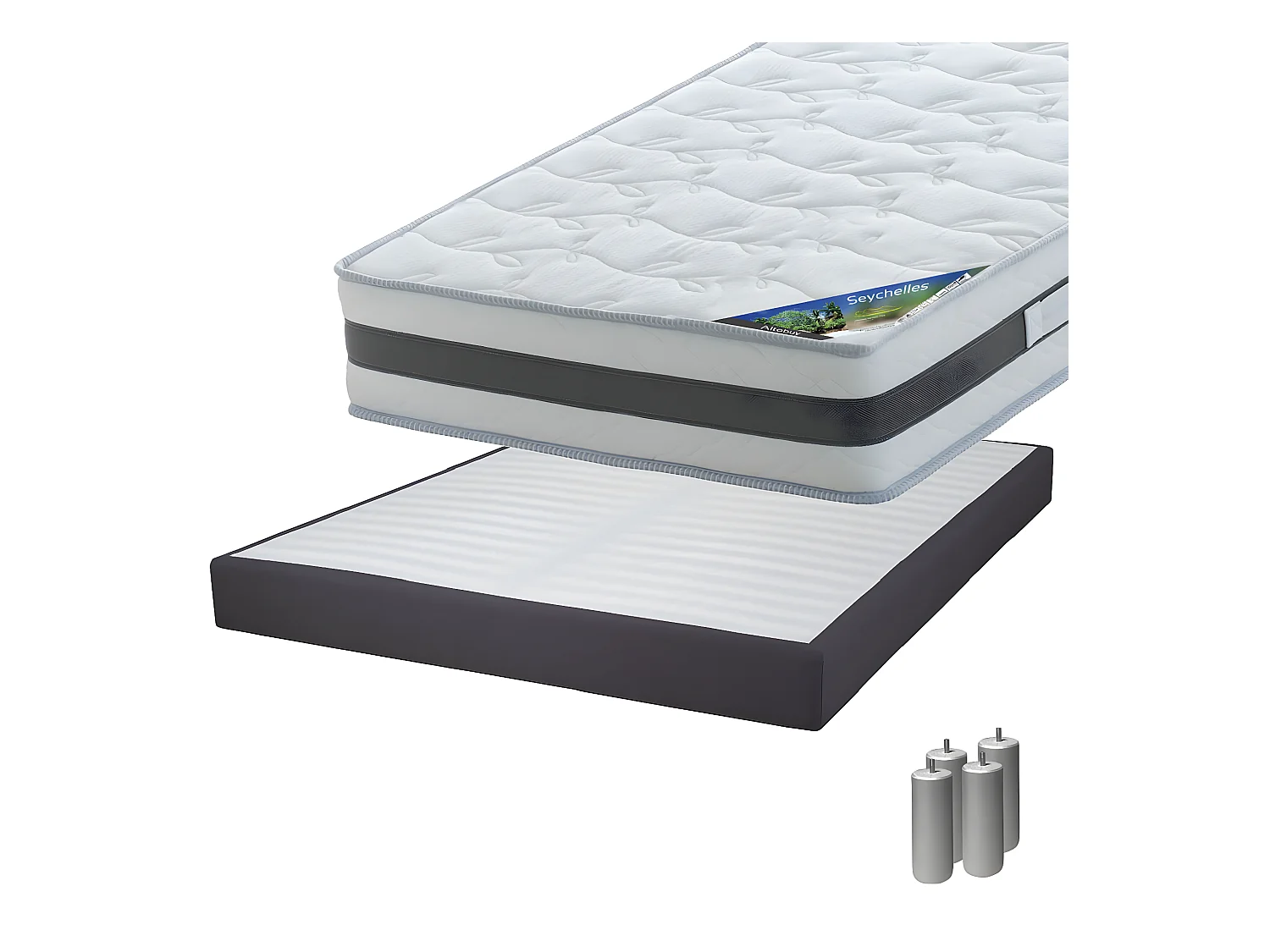 SEYCHELLES - Pack Matelas 160x200 + Sommier Tapissier Démontable 2x20 Lattes Anthracites + Pieds Argent 15cm