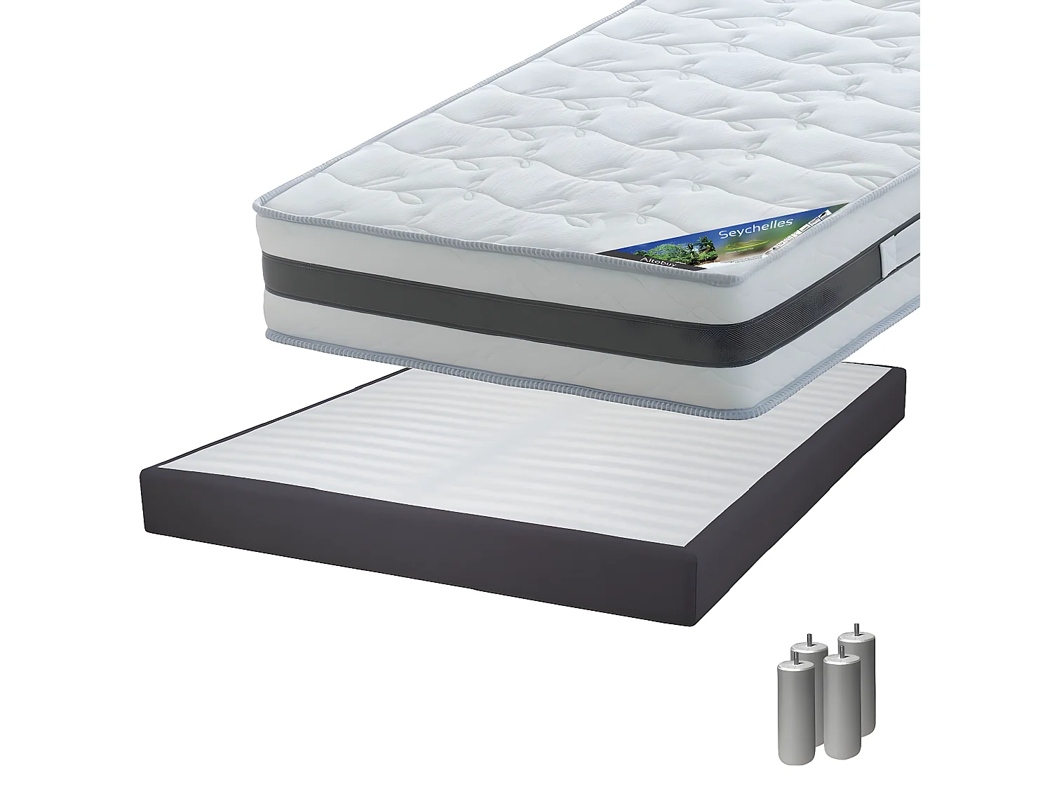 SEYCHELLES - Pack Matelas 160x200 + Sommier Tapissier Démontable 2x20 Lattes Anthracites + Pieds Argent 15cm