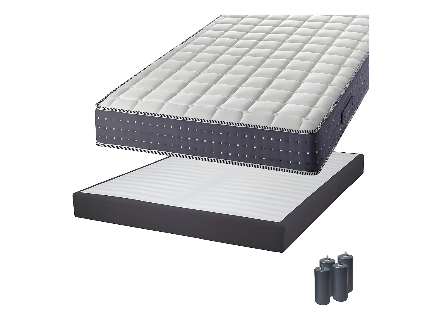 SILHOUETTE - Pack Matelas 140x190 + Sommier Tapissier Démontable 2x20 Lattes Anthracites + Pieds Anthracites 15cm