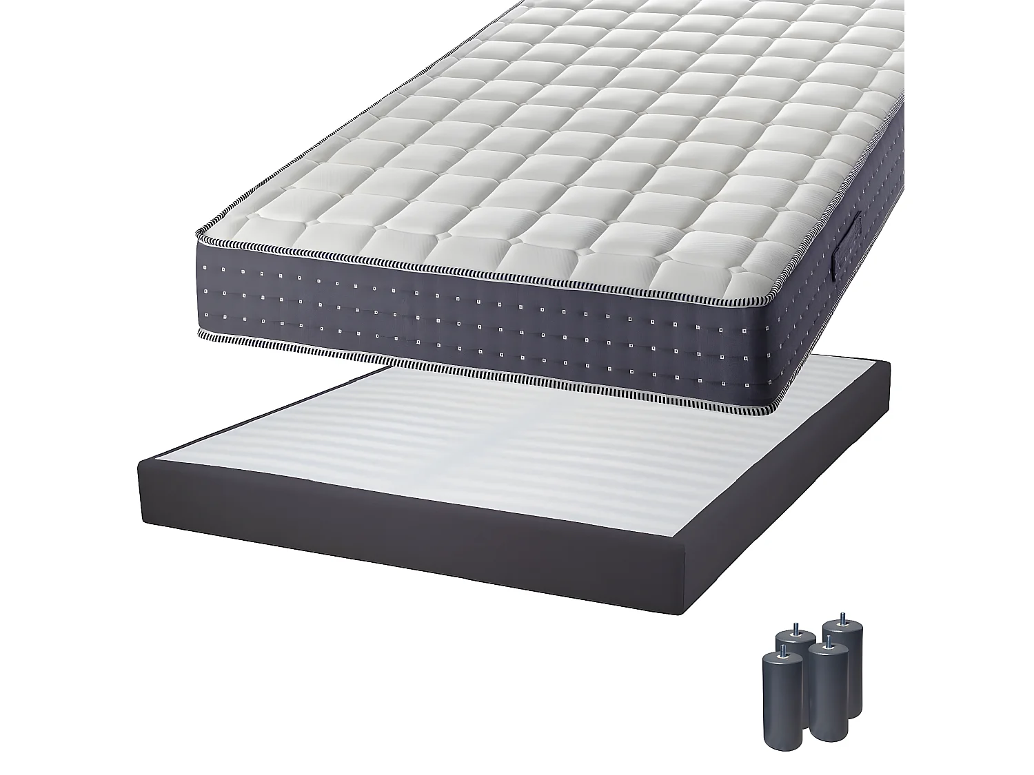SILHOUETTE - Pack Matelas 140x190 + Sommier Tapissier Démontable 2x20 Lattes Anthracites + Pieds Anthracites 15cm