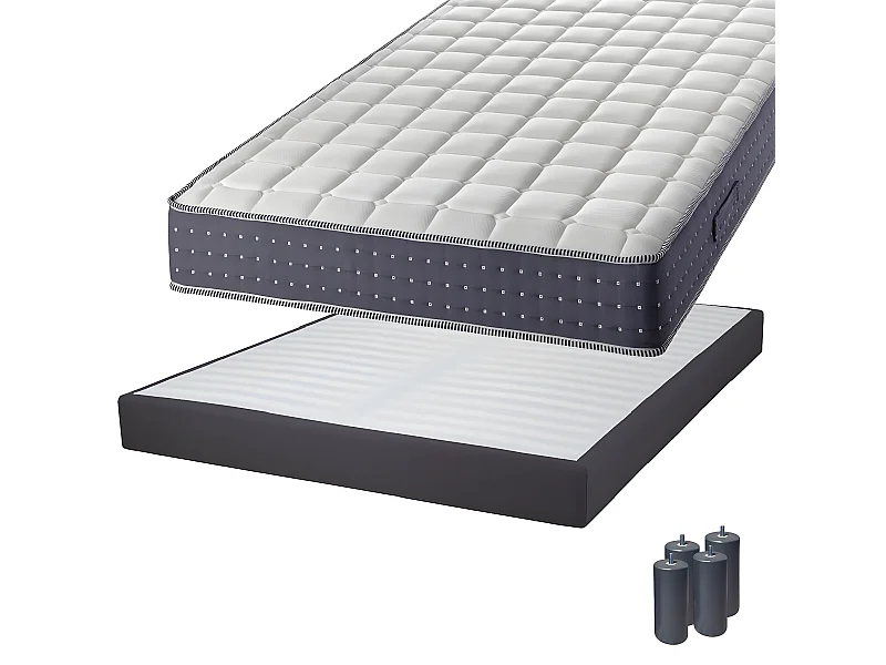 SILHOUETTE - Pack Matelas 140x190 + Sommier Tapissier Démontable 2x20 Lattes Anthracites + Pieds Anthracites 15cm