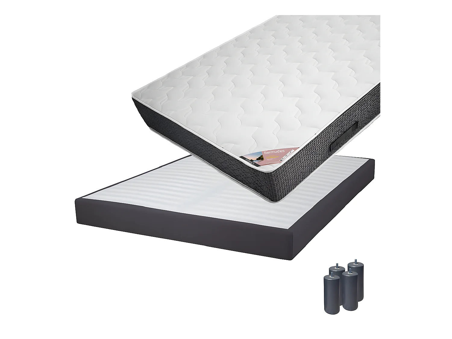 BERMUDES - Pack Matelas 140x190 + Sommier Tapissier Démontable 2x20 Lattes Anthracites + Pieds Anthracites 15cm