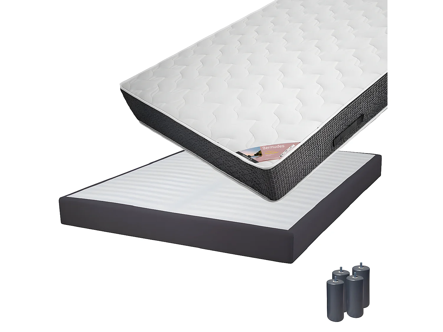 BERMUDES - Pack Matelas 140x190 + Sommier Tapissier Démontable 2x20 Lattes Anthracites + Pieds Anthracites 15cm