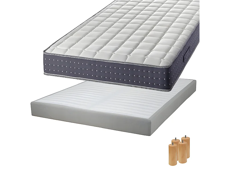 SILHOUETTE - Pack Matelas 160x200 + Sommier Tapissier Démontable 2x20 Lattes Lin + Pieds Bois 15cm