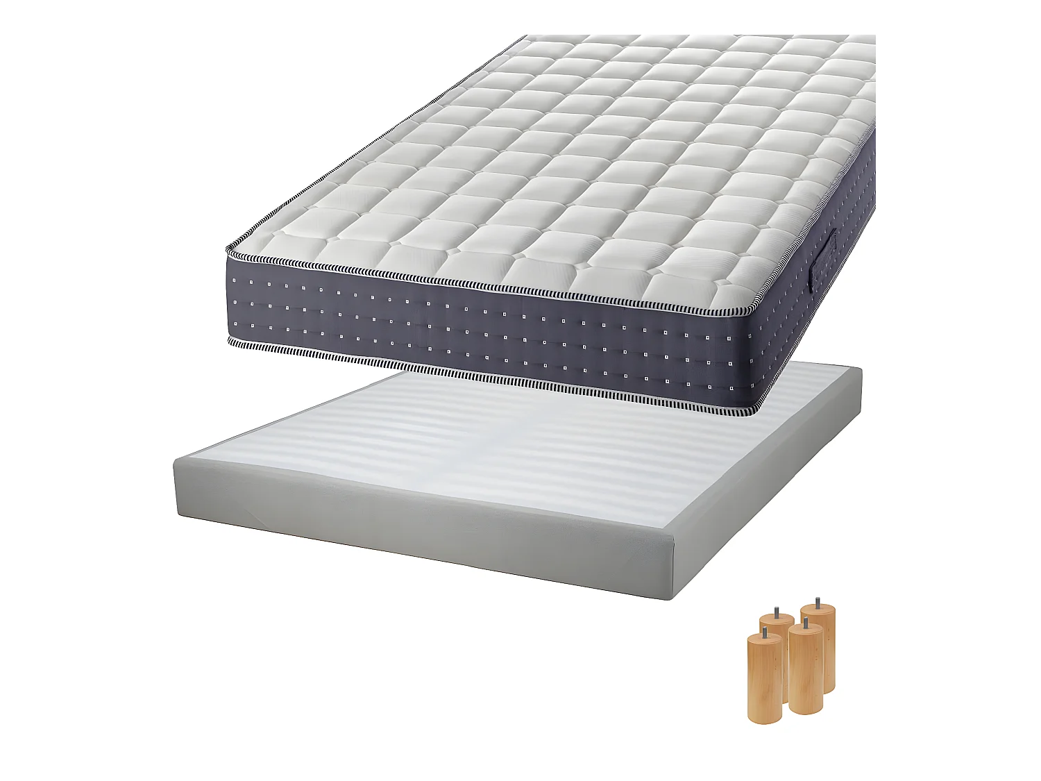 SILHOUETTE - Pack Matelas 160x200 + Sommier Tapissier Démontable 2x20 Lattes Lin + Pieds Bois 15cm