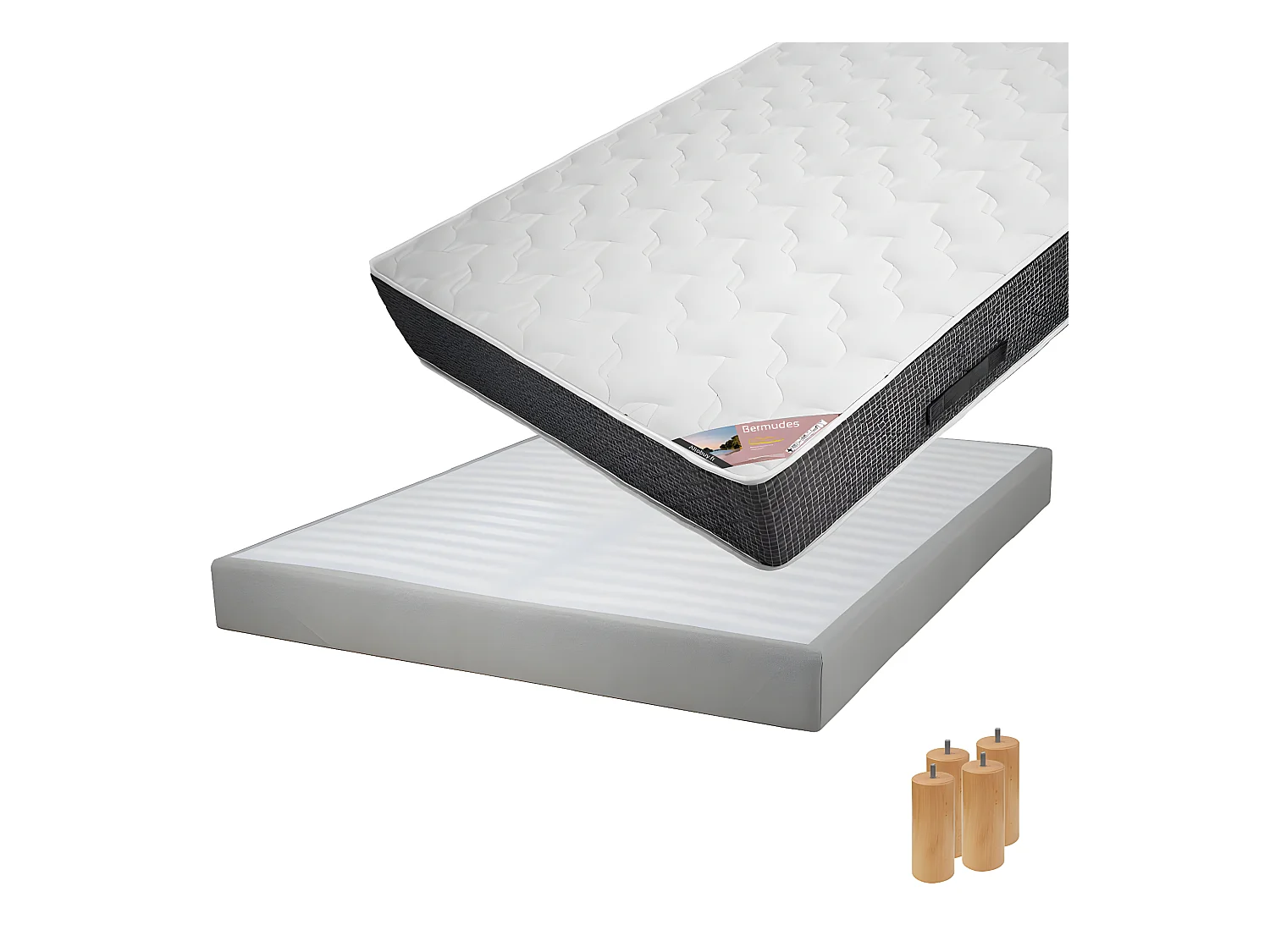 BERMUDES - Pack Matelas 140x190 + Sommier Tapissier Démontable 2x20 Lattes Lin + Pieds Bois 15cm