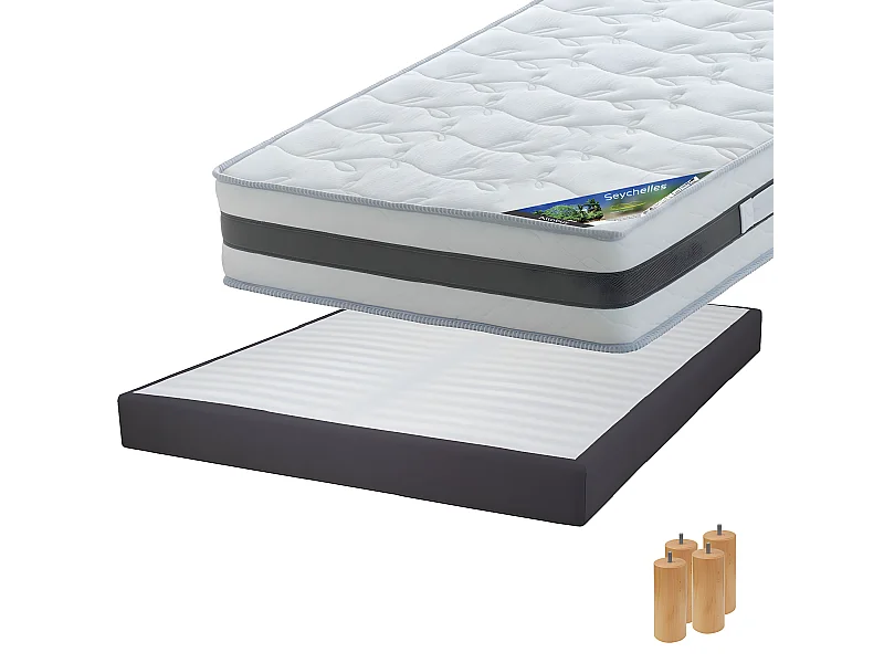 SEYCHELLES - Pack Matelas 140x190 + Sommier Tapissier Démontable 2x20 Lattes Anthracites + Pieds Bois 15cm