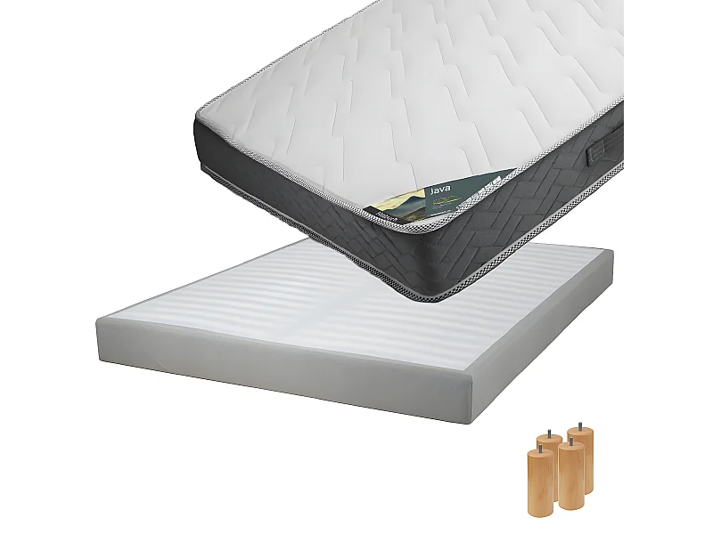 JAVA - Pack Matelas 140x190 + Sommier Tapissier Démontable 2x20 Lattes Lin + Pieds Bois 15cm