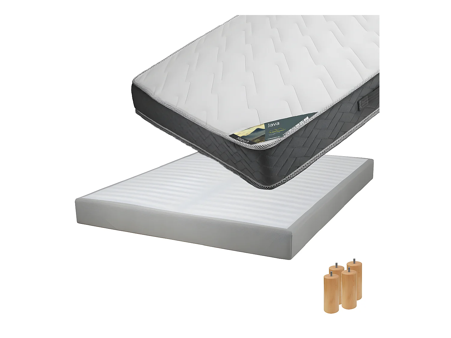 JAVA - Pack Matelas 140x190 + Sommier Tapissier Démontable 2x20 Lattes Lin + Pieds Bois 15cm