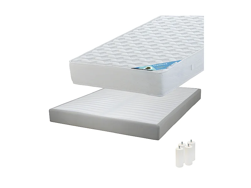 MALDIVES - Pack Matelas 160x200 + Sommier Tapissier Démontable 2x20 Lattes Lin + Pieds Blancs 15cm
