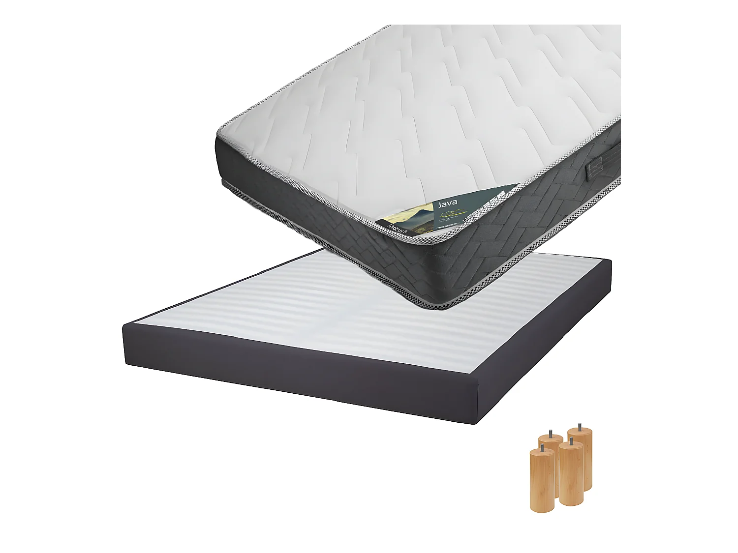 JAVA - Pack Matelas 160x200 + Sommier Tapissier Démontable 2x20 Lattes Anthracites + Pieds Bois 15cm