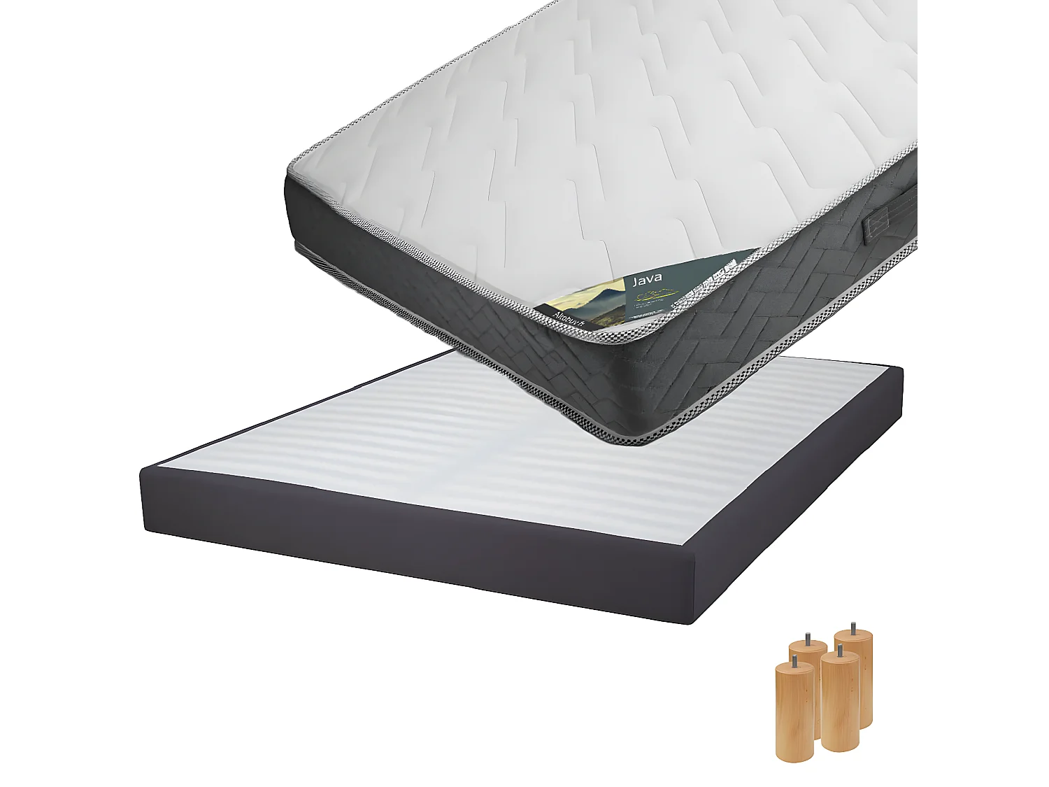 JAVA - Pack Matelas 160x200 + Sommier Tapissier Démontable 2x20 Lattes Anthracites + Pieds Bois 15cm