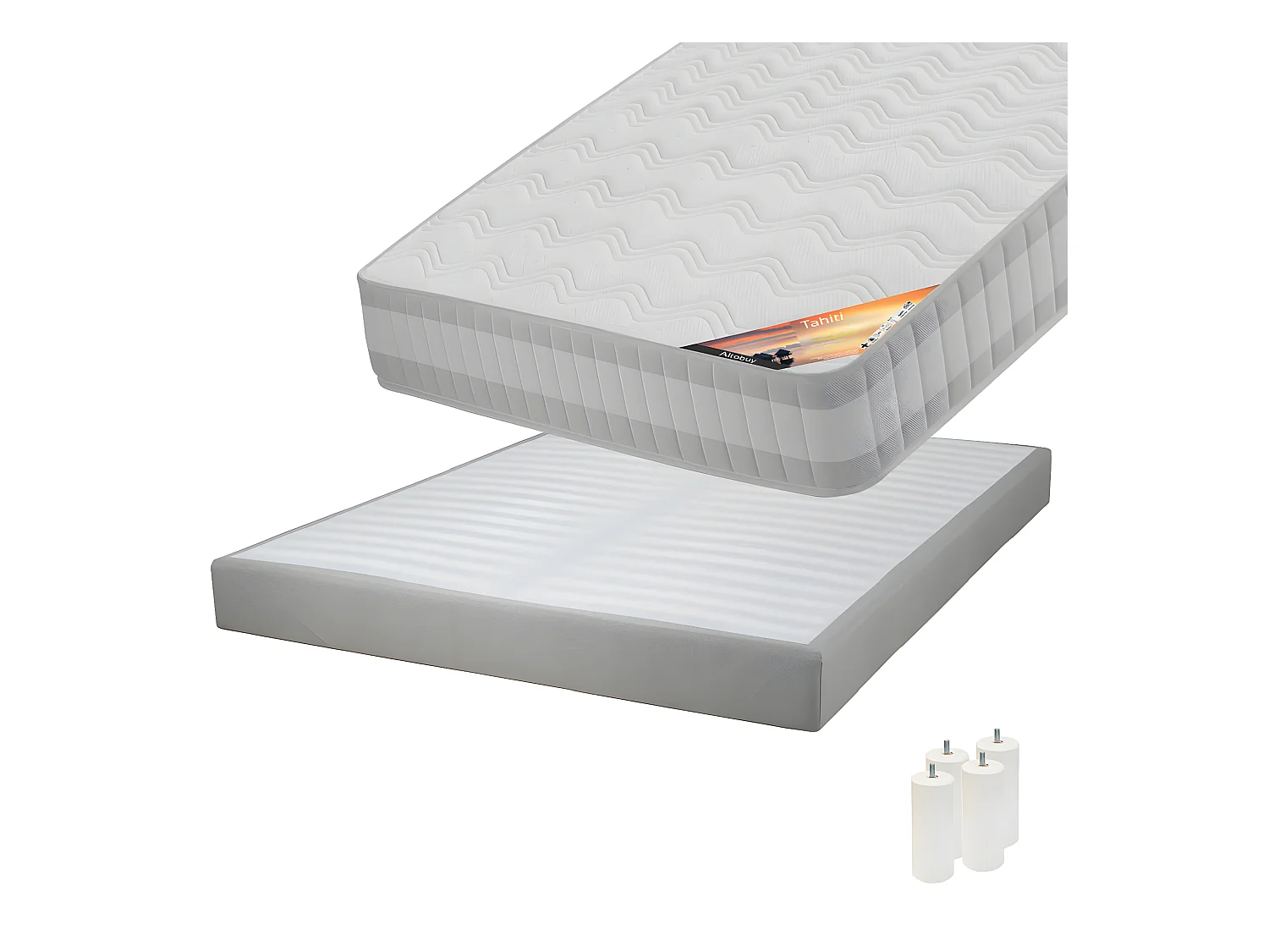 TAHITI - Pack Matelas 140x190 + Sommier Tapissier Démontable 2x20 Lattes Lin + Pieds Blancs 15cm