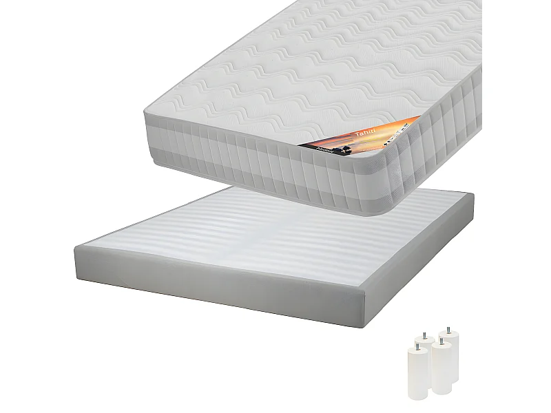 TAHITI - Pack Matelas 140x190 + Sommier Tapissier Démontable 2x20 Lattes Lin + Pieds Blancs 15cm