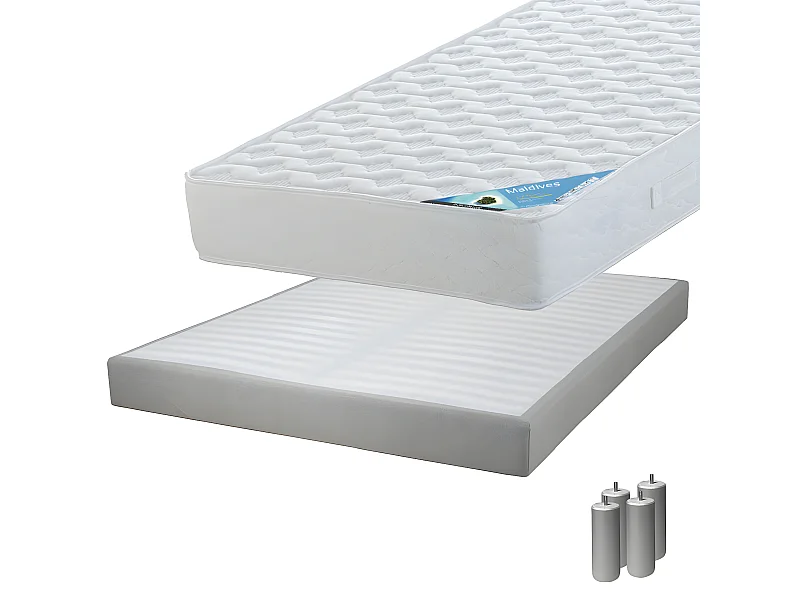 MALDIVES - Pack Matelas 160x200 + Sommier Tapissier Démontable 2x20 Lattes Lin + Pieds Argent 15cm