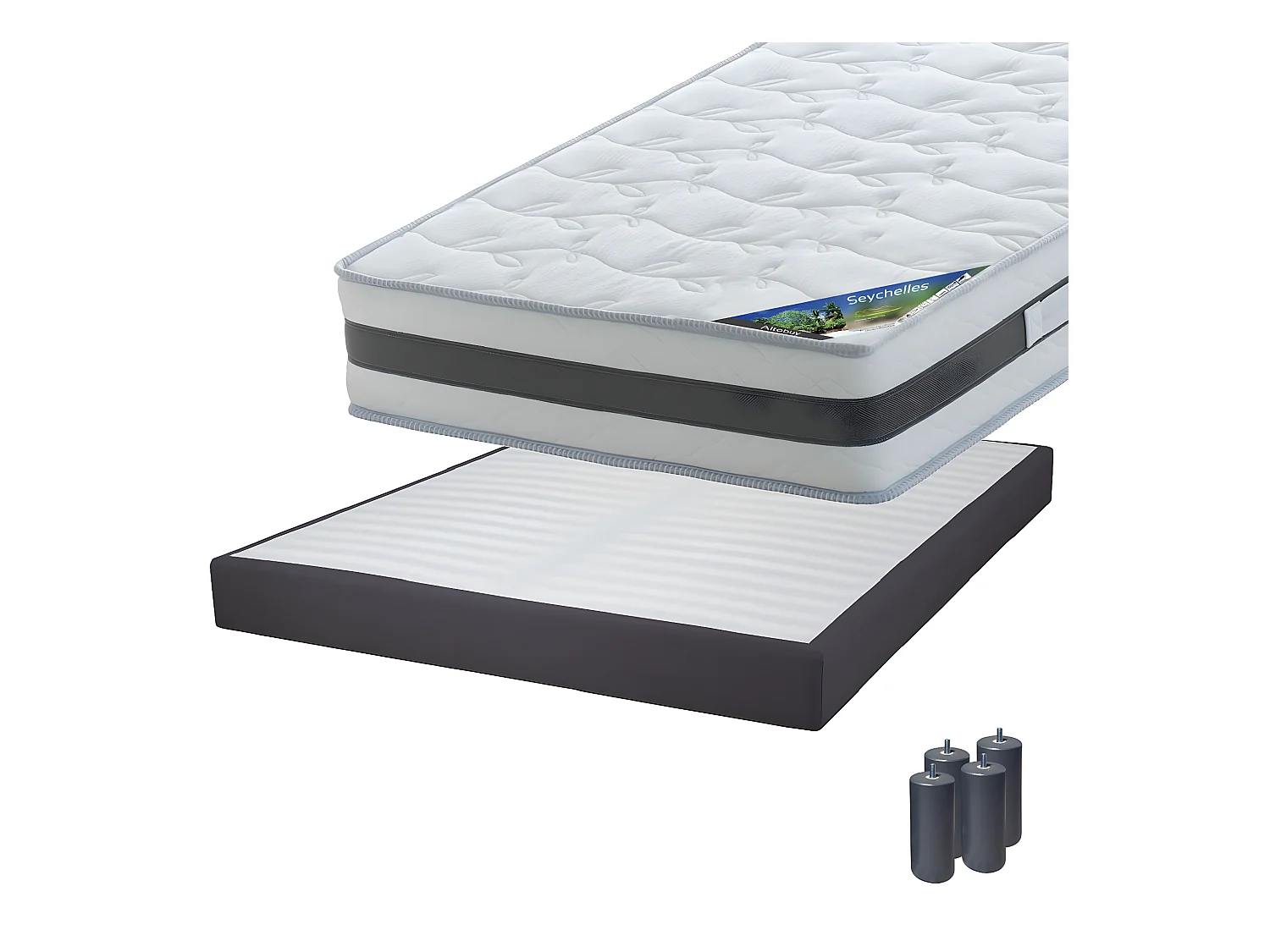 SEYCHELLES - Pack Matelas 160x200 + Sommier Tapissier Démontable 2x20 Lattes Anthracites + Pieds Anthracites 15cm