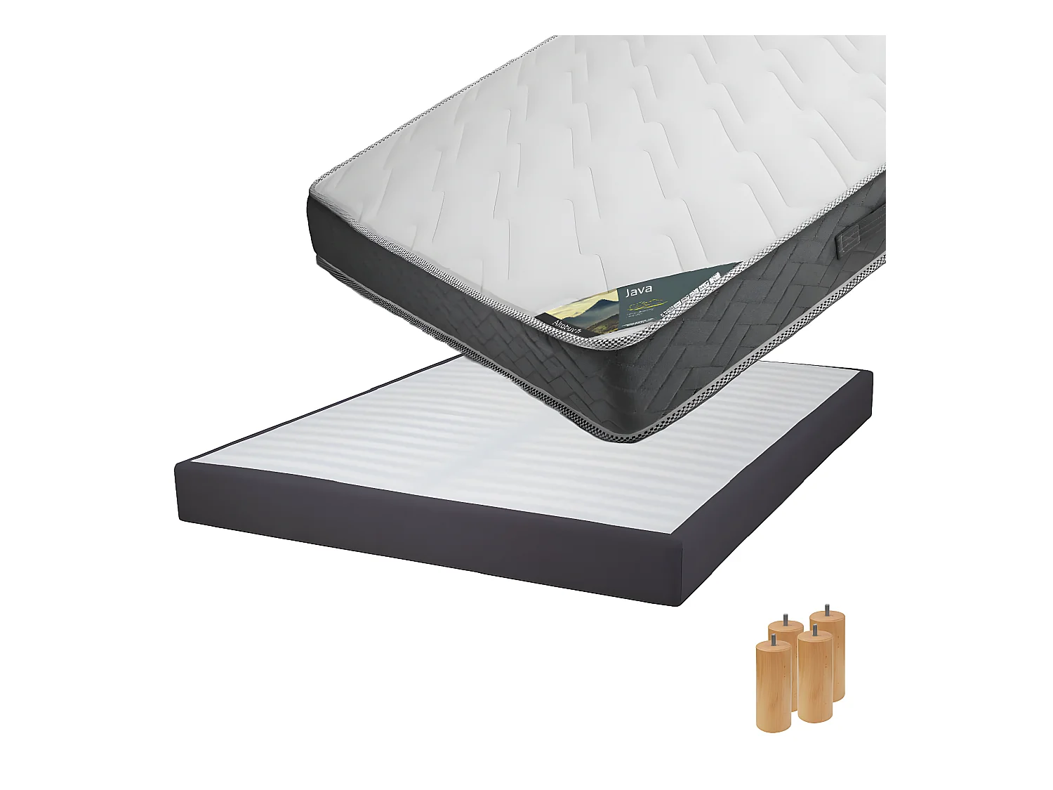 JAVA - Pack Matelas 140x190 + Sommier Tapissier Démontable 2x20 Lattes Anthracites + Pieds Bois 15cm