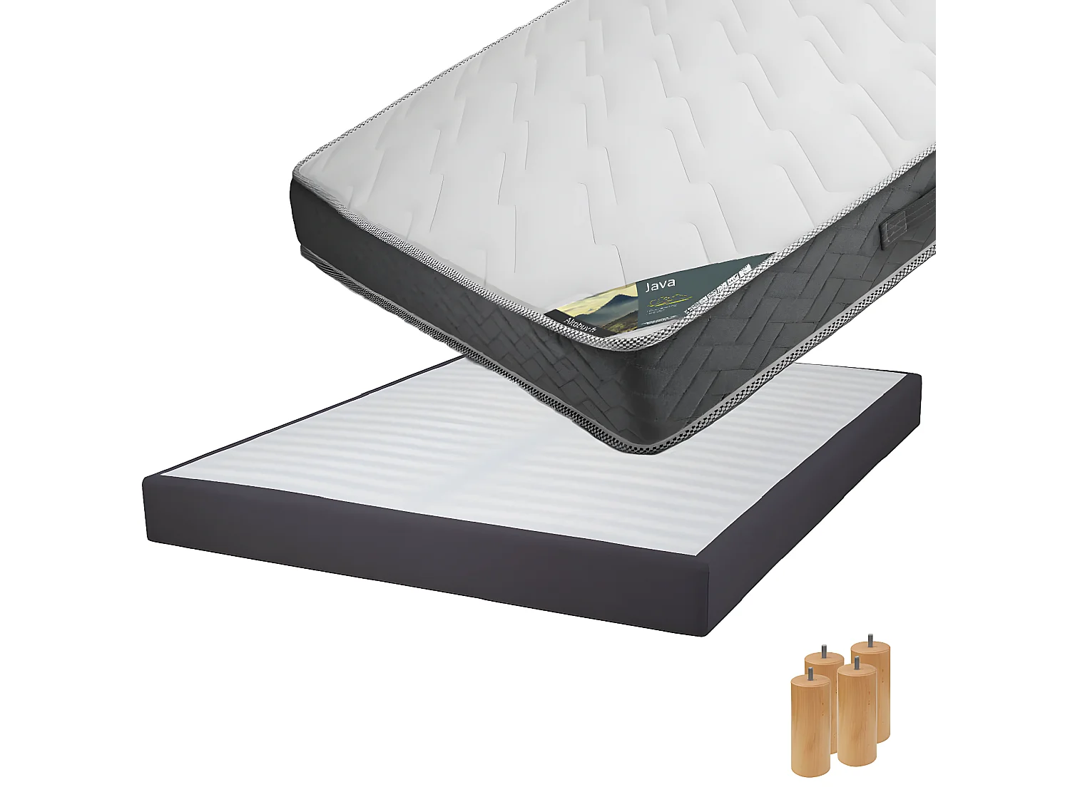 JAVA - Pack Matelas 140x190 + Sommier Tapissier Démontable 2x20 Lattes Anthracites + Pieds Bois 15cm